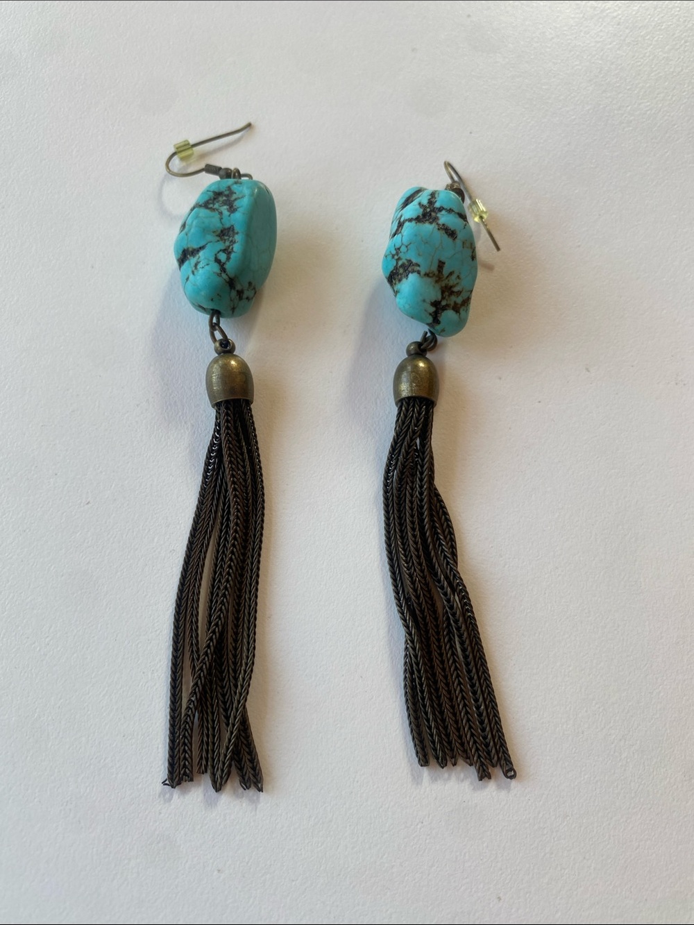 Turquoise Stone Tassel Drop Earrings with Bronze Accents - Women Jewelry